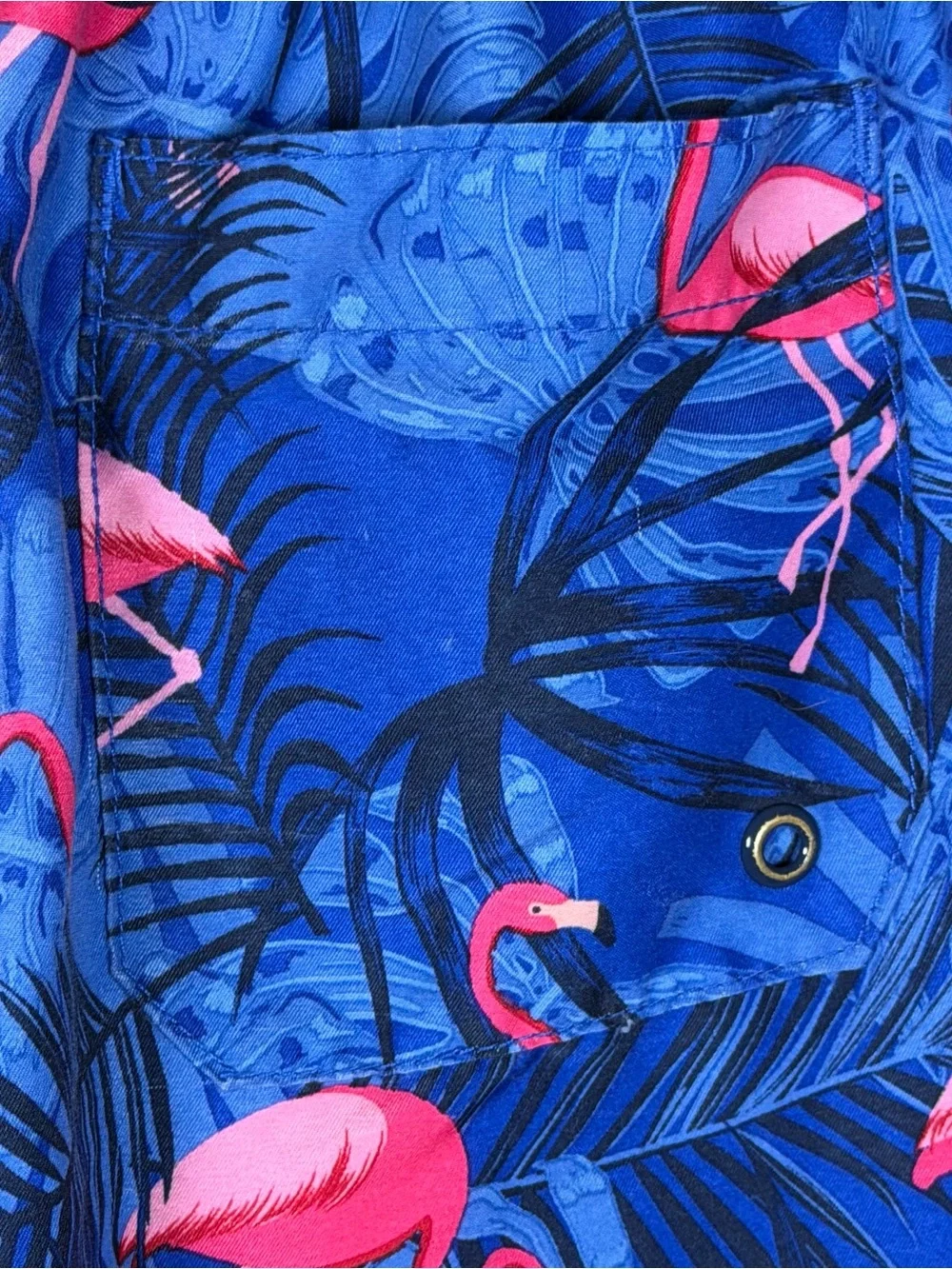 Boys M (7/8) Swim Trunk Rash Guard Set Vibrant Beach Summer Flamingo Blue Resort